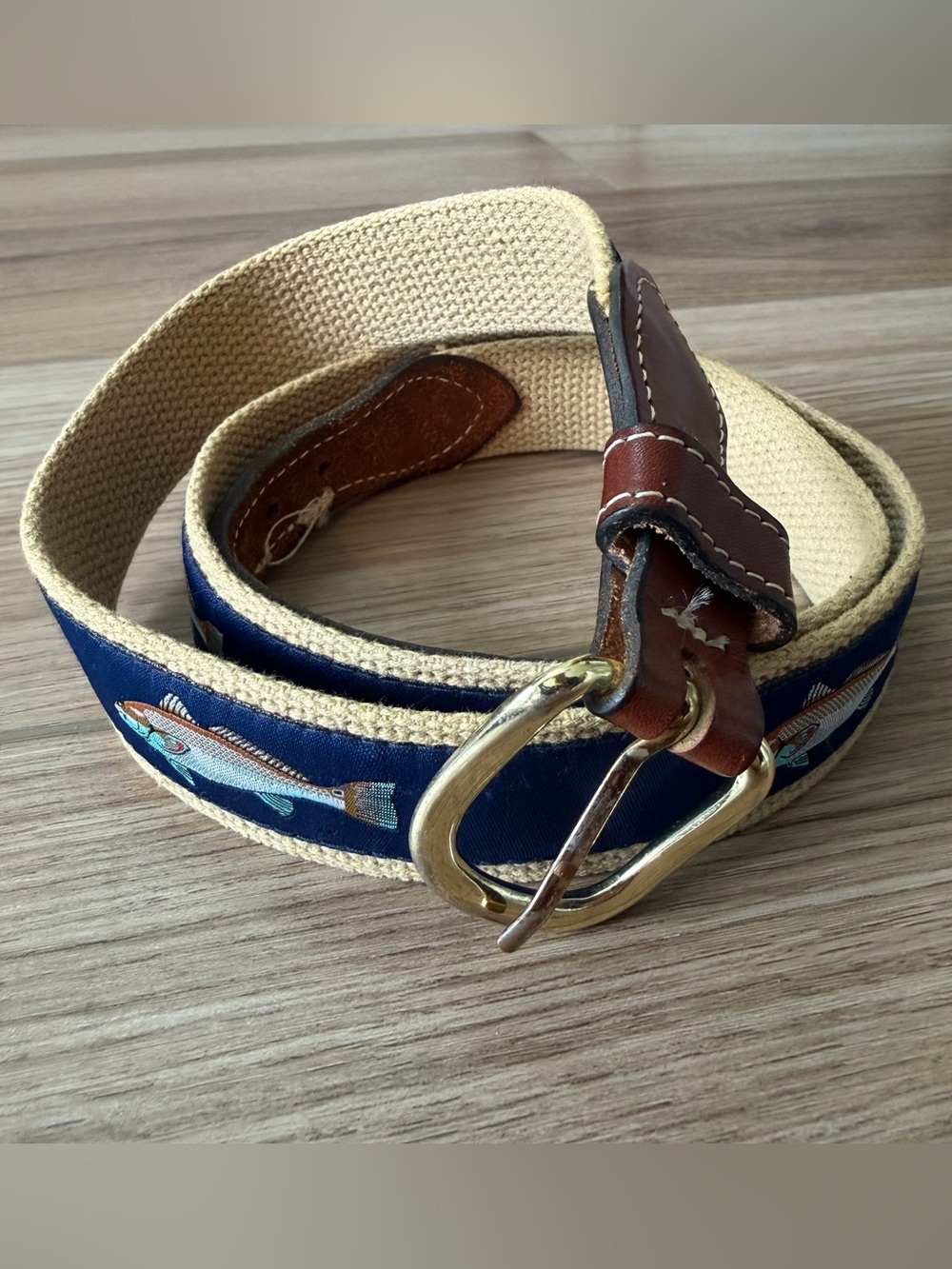 Men's Navy Woven Fish Embroidered Belt with Tan Leather Trim
